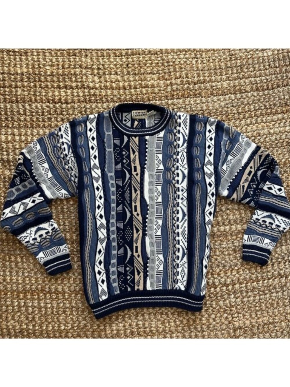 Vintage Cotton Traders 3D Knit Sweater Mens Medium Blue Chunky Cable Coogi Style
